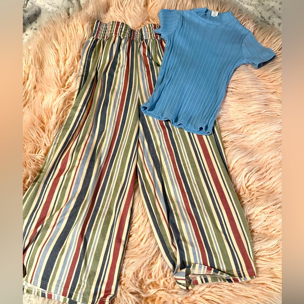 Beautees Multicolor Striped Fabric with Blue Ribbed Top